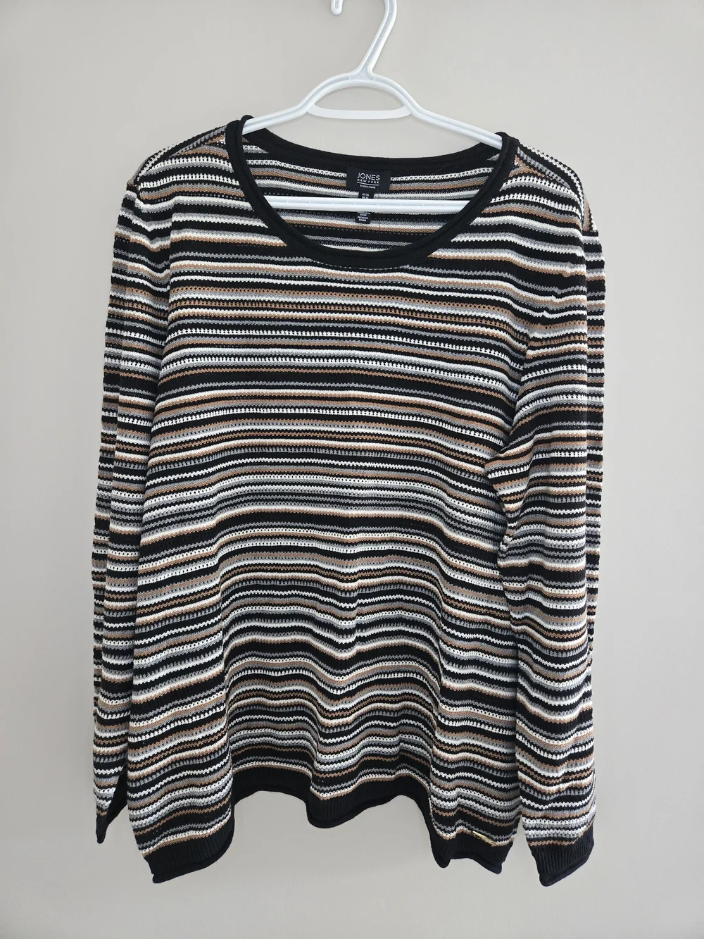 Jones New York Striped Long Sleeve Knit Crew Neck Sweater in Black, White, Tan - Picture 2 of 8